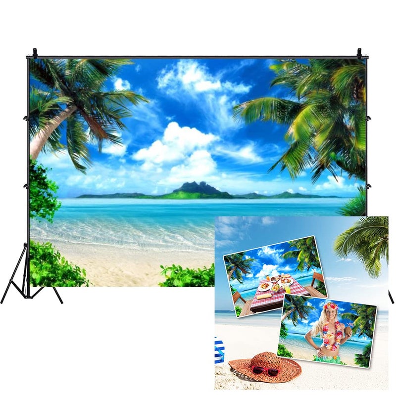 AOFOTO 7x5ft Tropical Beach Backdrop Summer Hawaii Palm Tree Photo Backdrops Sea Blue Sky Ocean Hawaiian Luau Party Background Seaside Vacation Wedding Birthday Banner Supplies Photo Shoot Props - Image 1